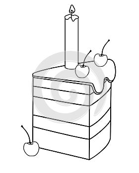 The cake is cut. Slice of cherry cake with cherries, frosting and a candle - holiday sweets - vector linear illustration for color