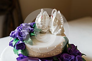 Two sugary swans on the cake
