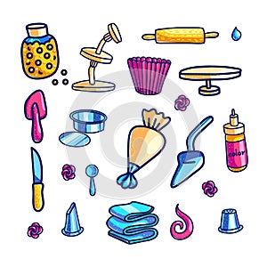 Cake decorating tools hand drawn color illustrations set