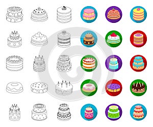 Cake and dessert outline,flat icons in set collection for design. Holiday cake vector symbol stock web illustration.