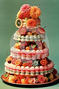 A cake with different fruit Vintage cakes and desserts of the 1960s - 70s AI generation
