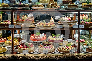 Cake display in a patisserie