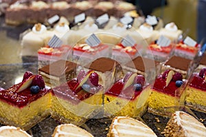 Cake displayed in confectionery or cafï¿½