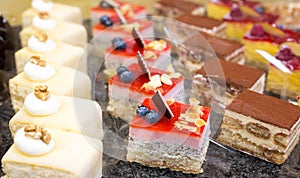 Cake displayed in confectionery or cafe