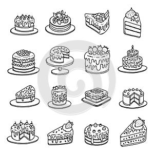 Cake Doodle vector icon set. Drawing sketch illustration hand drawn line eps10