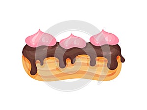 Cake eclair with chocolate icing. Vector illustration on white background.