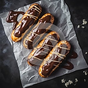 Cake eclairs in chocolate glaze on concrete backgrounds