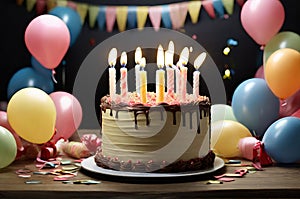 Cake Extravaganza: A spectacular birthday cake with candles, surrounded by colorful balloons in a room filled with photo