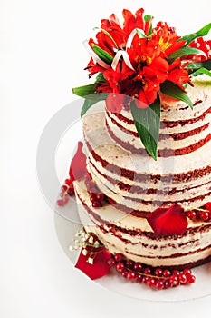Cake with fruit, chocolate, flowers is isolated on a white background close-up and copy space. In Russian the inscription `Happy B