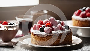 A cake with fruit on top and a bowl of fruit