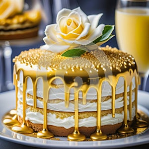 A cake with a gold frosting and a white rose on top