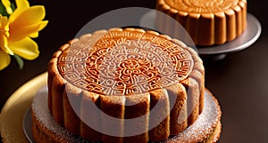 A cake with an intricate design on top of it.