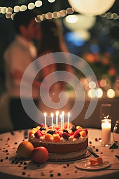 Cake With Lit Candles on Table