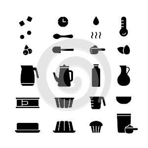 Cake mix, silhouette icons set for packaging, cooking recipe. Outline pictograms for baking muffin, cupcake, pudding from dry