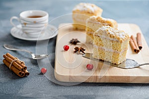 Cake Napoleon, puff pastry, vanilla slice or custard slice, garnished with cranberry