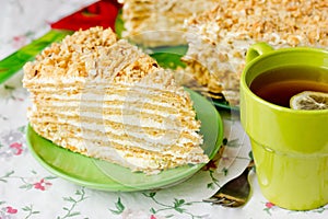 Cake Napoleon and tea