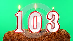 Cake with the number 103 lighted candle. Chroma key. Green Screen. Isolated