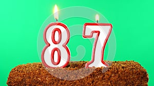 Cake with the number 87 lighted candle. Chroma key. Green Screen. Isolated