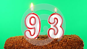 Cake with the number 93 lighted candle. Chroma key. Green Screen. Isolated