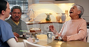 Cake, nurse and assisted living with an old couple laughing together in the kitchen of their home. Senior man, woman and