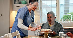 Cake, nurse and assisted living with an old couple together in the kitchen of a retirement home. Senior man, woman and