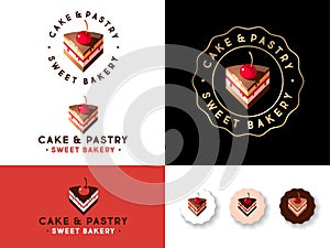 Cake and pastry emblem. illustration. Baking and sweets. A piece of cake with biscuit, cream, chocolate, syrup and cherry.