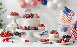 Cake. A patriotic berry cake with American flag for celebration of USA Independence Day, 4th of July, generative AI.