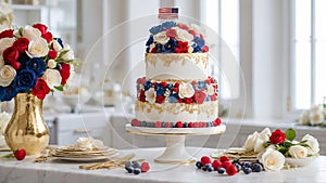 Cake. A patriotic berry cake with American flag for celebration of USA Independence Day, 4th of July, generative AI.