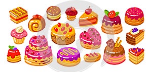 Cake, pie icon collection. Sweet confection dessert set. Bakery concept vector illustration photo