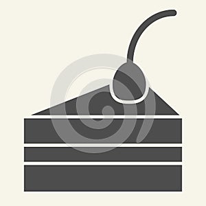 Cake piece solid icon. Delicious dessert with cream and cherry glyph style pictogram on white background. Piece of