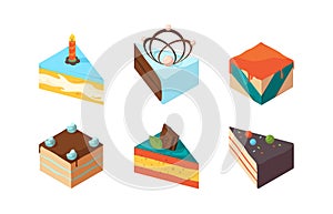 Cake pieces. Delicious isometric sweets tasty food birthday glazed gourmet products garish vector colored illustrations