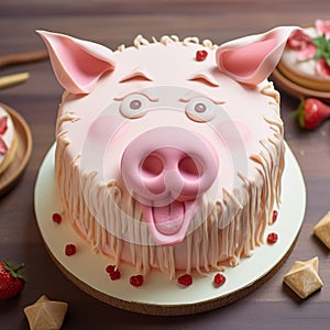 Photorealistic Pig Cake With Vibrant Caricatures photo