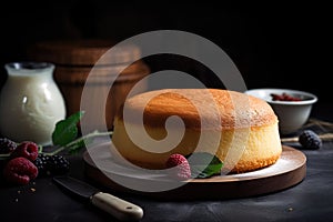 a cake on a plate with berries and a knife next to it on a black table with a jar of yogurt in the background