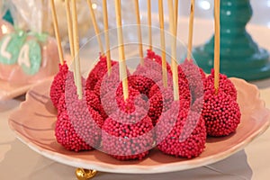 Cake pop, pink sugar candy. Easy to eat and makes difference at the table. Homemade dessert to decorate the party table.