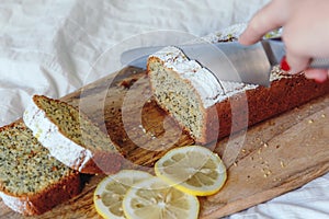 Cake with poppy seeds and lemon zest, sprinkled with powdered sugar. Cupcake with lemon on a wooden board.