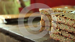 cake preparation in kitchen of pastry shop