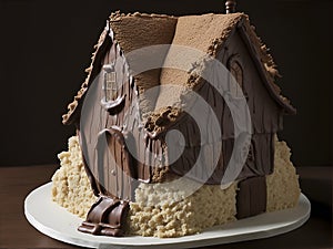 A cake shaped like a cottage made with chocolate