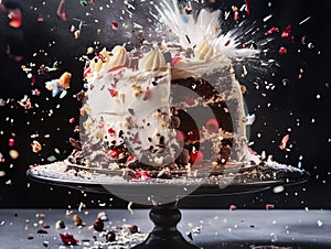 the cake shatters due to an explosion from inside