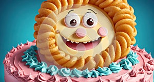 A cake with a smiling face made of frosting on top.