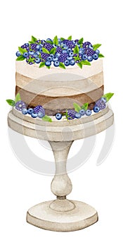 Cake on a stand decorated with blackberry, blueberry and mint. Watercolor holiday clipart