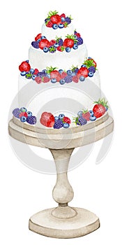 Cake on a stand decorated with strawberries, raspberries, blueberries. Watercolor holiday clipart