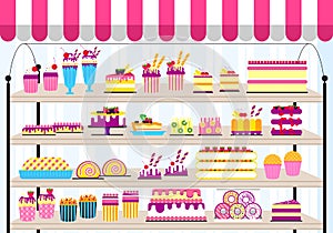Cake stand in shop illustration. Vector sweet for party background. Food icon set on happy birthday or wedding. Vector