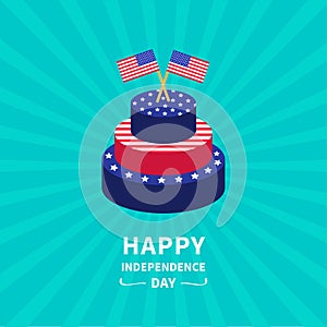 Cake with star and strip Two flags Sunburst background Happy independence day United states of America. 4th of July. Flat design