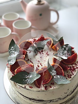 Cake and tea for breakfast, vertical photo.