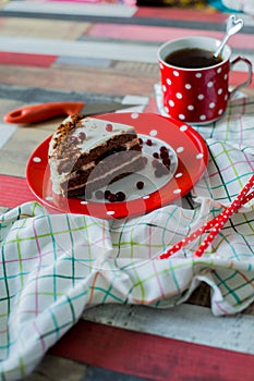 Cake and tea in a pot polka dot