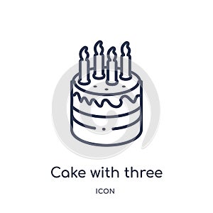 Cake with three candles icon from party outline collection. Thin line cake with three candles icon isolated on white background