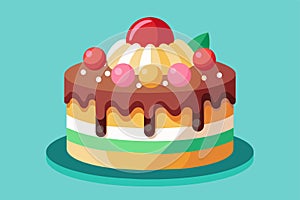 A cake topped with chocolate icing and cherries, Ice cream cake Customizable Flat Illustration