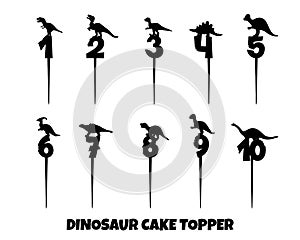 Cake topper with ten numbers and dinosaur silhouettes. Vector illustration for laser cut machines. Decor for pie
