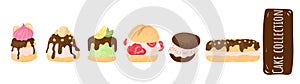 Cake vector chocolate confectionery cupcake and sweet confection dessert with whipped cream, berries and fruits. Vector art.