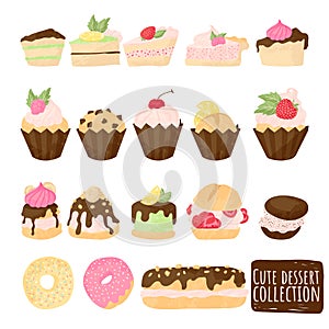 Cake vector chocolate confectionery cupcake and sweet confection dessert with whipped cream, berries and fruits. Vector set.